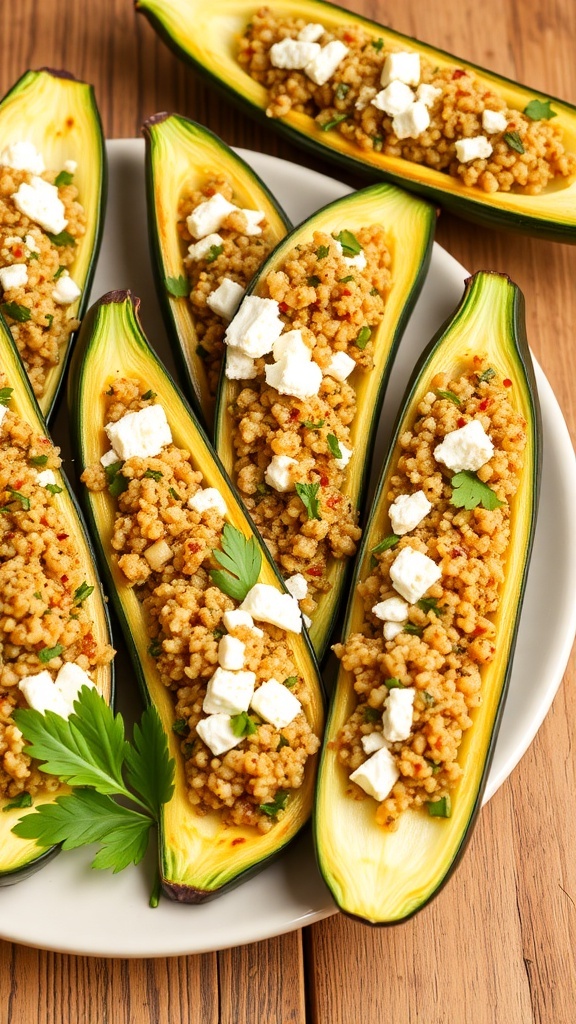 Stuffed Zucchini with Feta Cheese Baked stuffed zucchini with feta cheese and quinoa on a rustic plate, garnished with parsley.